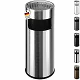 WELLGRO 2 in 1 Standaschenbecher Edelstahl für draußen – Wetterfester Standascher silber mit Mülleimer & Abfalleimer, großer Aschenbecher für Außenbereich, Terrasse, Eingang & Gewerbe