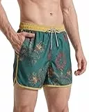 maamgic Badehose Herren Kurz 70s 80s 90s Vintage Badeshorts für Männer Schnelltrocknende Schwimmhose Retro mit Meshfutter und Verstellbar Tunnelzug Gelb Dunkelgrün L