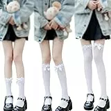 Zhixifan 3 Paar Weiße Kniestrümpfe Schleife, Kurze Socken, Bow Wadenstrümpfe, Oberschenkelstrümpfe, Dehnbare, Overknee Hohe Socken, Elegant Reizend, für Party, Cosplay, Alltag, Festival