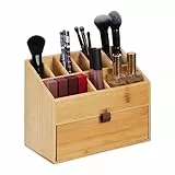 Relaxdays Kosmetik Organizer, Make up Organizer mit Schublade, Pinselhalter, Bambus, HxBxT: 19 x 25,5 x 12,5 cm, Natur