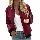 Bomberjacke Damen Kurze Blouson Jacke Casual Pilotenjacke Langarm Outwear Reißverschluss Solid Leichte Coat Sweatjacke mit Taschen,Rot,L