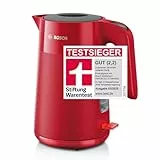 Bosch kabelloser Wasserkocher MyMoment TWK2M164, Abschaltautomatik, Überhitzungsschutz, Tassenanzeige, entnehmbarer Kalkfilter, Trockengehschutz, Dampfstopp-Automatik, 1,7 L, 2400 W, Rot matt