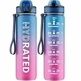 QLUR Trinkflasche, 1L/750ML BPA-Frei Tritan Wasserflasche mit Strohhalm, Trinkflasche Sport Auslaufsicher mit Zeitmarkierung und Bürste, Sportflasche für Fitness, Schule, Yoga, Outdoor(1 Flasche)