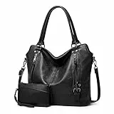 TANTOMI Handtasche Damen, Elegante Vintage Umhängetasche Groß, Weiche Schultertasche Set Damen Crossbody Shopper Tasche mit Abnehmbarem Schulterriemen, Schwarz