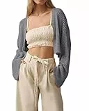 Cicy Bell Damen Open Front Strickjacke Boho Langarm Cropped Cardigan Leicht Sommer Sweaters Grau M