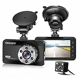ORSKEY Dashcam für vorne und hinten – 1080P Full HD – 170-Grad-Weitwinkel – HDR – mit 3-Zoll-LCD-Display – Nachtsicht, Bewegungserkennung und Beschleunigungssensor