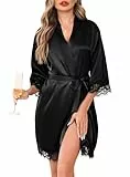 Lovasy Bademantel Damen Satin Kurz Kimono Manschetten aus Spitze Sexy Japanisch Morgenmantel für Damen Braut Team Bride Hochzeit Party Pyjama mit Gürtel,Schwarz,L