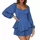 Pink Queen Damen Boho Jumpsuit Laterne Langarm Rüschenschicht Fliege Rücken Taille Mini Kleid Kurzer Strampler Blau L