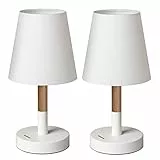 tomons 2er Set LED Nachttischlampe aus Holz, LED Tischlampe Tischleuchte mit Stoffschirm für Schlafzimmer, Wohnzimmer, Arbeitszimmer, Beistelltisch – Weiß