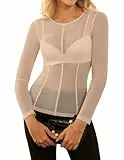 GRACE KARIN Damen Langarm Sexy Transparent Shirts Rundhals Party Netzoberteil Fleischfarbe L