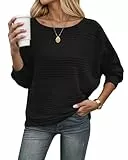 WNEEDU Pullover Damen Winter Elegant Dünne Fledermausärmel Strickpullover Langarm Geripptes Pulli Sweater Sweatshirt Langarmshirt Schwarz M