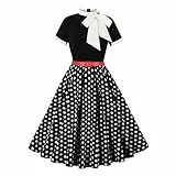 Odizli Rockabilly Kleider Damen 60er 50er Jahre Vintage Audrey Hepburn Kurzarm Krawatte Polka Dot Petticoat Swing Coctailkleid Hochzeit Festlich Knielang Sommerkleid Kurz Abendkleid Schwarz M