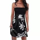 EMATOP Damen Boho Kleid Bandeau Sommerkleid Elegant Kurz Freizeitkleid Trägerlos Ärmellos Party Strandkleid Cocktailkleid Farbverlauf Blumen Druck Minikleid Stretch Hohe Taille Faltenkleid