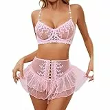 Satohom Dessous Sets Damen Sexy Unterwäsche Outfits 3 Stück Transparent Babydoll Curvy Lingerie Set Spitzen Push Up BH Mini Mesh Rock Durchsichtig Slips Frauen Lace Valentinstag Reizwäsche