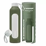 Wessper Trinkflasche Glas 1 Liter, Motivations wasser glasflasche mit Hydrationsskala, borosilikatglas flasche mit Silikonhülle, bpa freie Trinkflaschen - Olive