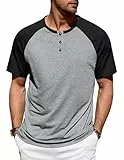 TARAINYA Herren Henley Shirt Baumwolle Kurzarm T-Shirt Männer mit Knopfleiste Dunkelgrau Schwarz L