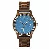 Opis UR-U1: Unisex (Damen/Herren) Retro Holz Armbanduhr aus Schwarzem Sandelholz mit einzigartigem, geprägten Ziffernblatt in Blau mit silbernen Metallelementen (Blau-Silber)