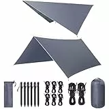 VOSOIR Tarp 3x3M Wasserdicht, Ultraleicht Camping Zeltplane, mit 9 Öse+6 Aluminiumstifte+8 Nylonseile, Anti-UV Schnee Regen Schutz, Leicht Kompakt, für Hängematte Camping Picknick(Graublau)