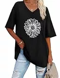 Litherday Damen T-Shirt Oversize V-Ausschnitt Longshirt Damen Kurzarm Basic Tops Sommer Plus Size Gänseblümchen Print Freizeit Oberteil Shirt Bluse (Schwarz, 3XL)