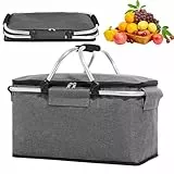 Einkaufskorb Faltbar, 18L Große Faltbarer Thermo Kühlkorb, Isolierkorb Picknickkorb mit Aluminiumrahmen & 2 Tragegriffen, Einkaufskorb mit Deckel für Picknick, Camping, Strand, Einkaufen (Grau)