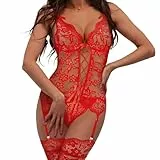 AUYAO Dessous-Sets für Damen Spitze Body Bodysuit Teddy Mesh Unterwäsche Teddy Babydolls Dessous mit Oberschenkel Strumpfband Ohne Strümpfe Verstellbar V-Ausschnitt Reizwäsche Strapsen Set (Rot, L)