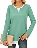 GRACE KARIN Damen Waffeltextur T-Shirt Langarm Rundhals Kontrastfarben Oberteil Freizeit Bluse Grün XL