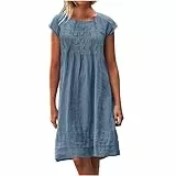 BFSWL Taufgeschenke für Mädchen Musselin Kleid Damen Sommer Plissee Leinenkleid Große Größen Sommerkleid Kurzarm Leinen Tunika Kleid Freizeit Knielang Strandkleid Leichte Blusenkleid Einfarbig