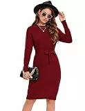 KOJOOIN Strickkleid Damen Pulloverkleid Elegant Zopfmuster Langarm Tunika Kleid Strickpullover A Linien Minikleid Rundhals Pullikleid Weinrot L