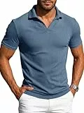 Runcati Herren Poloshirt Kurzarm V-Ausschnitt T-Shirt Strick Slim Fit Polohemd Sommer Einfarbig Golf Shirts Freizeit Stretch Oberteile Blau L