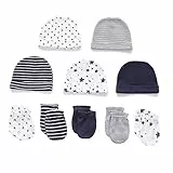 Chamie Babymütze und Fäustlinge, Neugeborenes Set, 5 Mützen und 5 Paar Fäustlinge für Babys, Jungen, Mädchen, Alter 0-6 Monate, 100% Baumwolle Dunkelblau