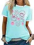 WIEIYM Tshirt Damen Rundhals Kurzarm T-Shirts Sommer T Shirts Brief Gedruckt Lässig Tee Shirts Sommer Tops Shirt Oberteile Frauen Gedruckt Lässig Oberteile Top Bluse,Hellblau,L