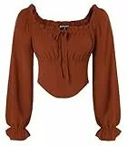 SCARLET DARKNESS Damen Trachtenbluse Gesmokte Taille Laternenärmel Korsett Top Elastische Taille Wikinger Kleidung Orange M