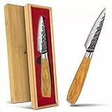 EKVALLY • BARK Damastmesser Officemesser Gemüsemesser 8,5cm Klinge 67 Lagen extrem scharf | Kochmesser aus Damaststahl mit Olivenholzgriff