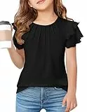 Arshiner Mädchen T-Shirts Plissiertes Oberteil Kinder Sommer Gewellte Ärmel Einfarbig Rundhals Kurzarm Tops Shirts Freizeit Tops Sommeroberteil Schwarz 150 10-11 Jahre