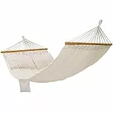 SONGMICS Hängematte, Outdoor, mit 2 Holzstangen, mit 2 Kissen, bis zu 300 kg belastbar, 210 x 150 cm, beige GDC22M