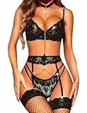 RSLOVE Damen Dessous Set Spitzen Unterwäsche Sexy Reizwäsche mit Strapsen BH und G-String mit Strumpfgürteln 3 Teilige Schwarz M