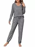 Wikoan Winter Schlafanzug Damen Lang Baumwolle Gestreift Pyjama Winter Schlafanzug Langarm V-Ausschnitt Pyjamaset mit Bündchen Schwarzweiß XL