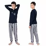 LOREZA ® Jungen Pyjama Baumwolle Set Zweiteiliger Schlafanzug (140-146 (10-11 Jahre), Blau)