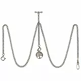 SIBOSUN Taschenuhr Doppel Albert Kette T Bar Uhr Kette 3 Haken Antik Fob Panzerkette für Männer mit Lebensbaum Kompass Wolf Schild Anhänger Design, 1.3 Lebensbaum Bronze