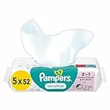 Pampers Sensitive Feuchttücher 5 Packungen mit 52 Stück - 260 Feuchttücher, ohne Duft, für eine sanfte und weiche Reinigung