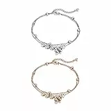JewelryWe Schmuck 2pcs Damen Armband Fußkettchen Edelstahl Chinesische Münzen Reichtum Glöckchen Kugel Charmsarmband Armkette Fußkette verstellbar Rosegold Silber