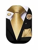 Hi-Tie Seidenkrawatte und Einstecktuch, Manschettenknöpfe, Reversnadel-Set, Jacquard, Hochzeit, Business, Krawatte für formelle Anlässe, gold, M