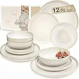 SÄNGER | Geschirrset Korfu 12 tlg für 4 Personen, Steingut Geschirr Handmade TEST SEHR GUT, Teller Set Ess- & Dessertteller Tiefe Teller Set Creme mit Sandiger Maserung | PREMIUM COLLECTION