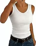 Aottori Tank Top Damen V-Ausschnitt Tanktops Sommer Gerippt Basic Shirt Ärmellos Slim Fit Stricktop Stretch Casual Einfarbig Weiß L