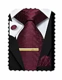 Hi-Tie 177,8 cm extra lange Krawatten für Herren, Seide, Herren, lange Krawatten und Einstecktuch, Manschettenknöpfe, Clipnadel-Set, Krawatte für Business, burgunderfarben, M