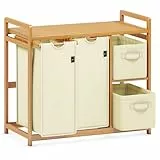 ADEL DREAM Wäschekorb 4 Fächer Wäschesammler 140L Wäscheboxen Mit Korb Wäschesortierer mit 2 Wäschesäcken & 2 Stoffboxen mit Ablage Wäschesack Bambus Wäscheregal Wäschebox Laundry basket Beige