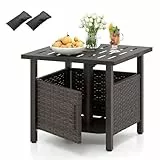 COSTWAY Beistelltisch Outdoor wetterfest, Rattan Gartentisch mit Schirmloch und 2 Sandsäcken, Kleiner Balkontisch, Kaffeetisch für Garten, Balkon, Terrasse, 55,5 x 55,5 x 47,5 cm