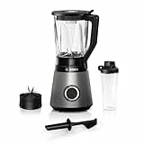 Bosch Standmixer, Smoothie Maker, 30,000 U/min, 1200 W, verbesserte Version, Edelstahl Messer, 1,5l Glasbehälter, ToGo-Flasche, spülmaschinenfeste Teile, Made in Europe, VitaPower Serie 4 MMB6174SN