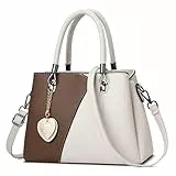 FOLOVEYA Mode Damen Handtasche Elegant Henkeltaschen Frauen mit Herzanhänger PU Leder Umhängetasche Shopper Top-Griff Taschen Schultertasche für Arbeiten Reisen Schule Tote Bag Weiss-braun