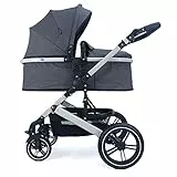 Pixini Neyla Kombi Kinderwagen mit Stoffwanne/Buggy/Wickeltasche/Getränkehalter/Regenplane/Mückennetz/Wickelauflage (3in1 Set mit Babyschale grau/anthrazit)